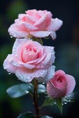 Dewy Pink Roses Bloom in Morning Light