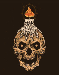 Illustration Hand drawn. Skull candle engraving style