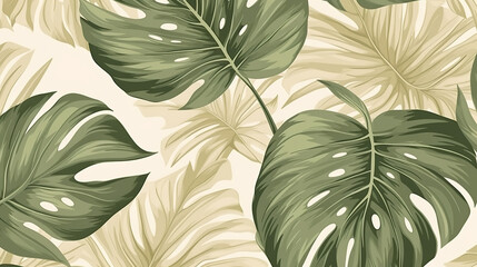 Seamless pattern with green monstera leaves on beige background