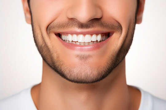 Healthy perfect teeth, young man smiling. Teeth whitening. Isolated white background