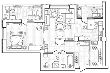 Floor plan with furniture in top view. Architectural set of furniture thin line icons. Detailed layout of the modern apartment. Vector blueprint.