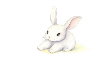 Watercolor sketch illustration of an adorable and friendly tiny kawaii baby bunny, children's book illustration, white background