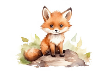 Watercolor sketch illustration of an adorable tiny kawaii woodland baby fox, children's book illustration, white background