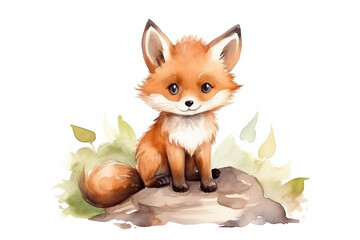Fototapeta premium Watercolor sketch illustration of an adorable tiny kawaii woodland baby fox, children's book illustration, white background