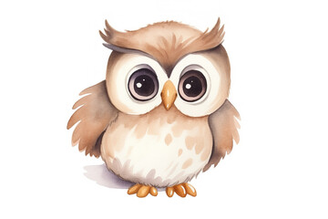 Fototapeta premium Watercolor sketch illustration of an adorable and friendly tiny kawaii baby owl, children's book illustration, white background