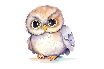 Watercolor sketch illustration of an adorable and friendly tiny kawaii baby owl, children's book illustration, white background