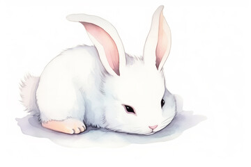 Watercolor sketch illustration of an adorable and friendly tiny kawaii baby bunny, children's book illustration, white background