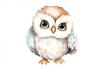 Fototapeta premium Watercolor sketch illustration of an adorable and friendly tiny kawaii baby owl, children's book illustration, white background