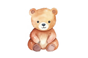 Watercolor sketch illustration of an adorable tiny kawaii woodland baby brown bear, children's book illustration, white background