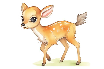 Watercolor sketch illustration of an adorable tiny kawaii baby deer, children's book illustration, white background