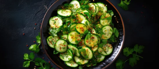 Foto op Canvas Chinese cucumber salad with coriander in a black bowl, viewed from above. © AkuAku