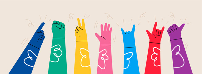 Different color human hands greeting and waving, party, sales concept for advertising. Colorful vector illustration