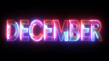 Glowing colorful light neon text month of December. Abstract glowing December month text neon light effect background animation. 3d illustration rendering