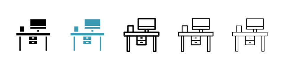 Study table vector icon set. Study table office computer workspace icon for UI designs.
