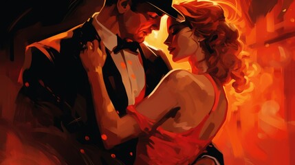 Beautiful couple dance passionate Latino American tango. Young dancers perform professional show. Choreography performers red art illustration. Romantic emotional movement. Stylish passion partners. - obrazy, fototapety, plakaty