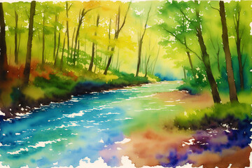 Tranquil Summer Scenery. A Watercolor Painting of Park, Lake, field and River. Generative AI