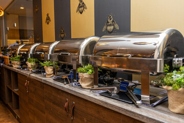 Deluxe Buffet Line with Variety of Hot Dishes and Elegant Decor in hotel