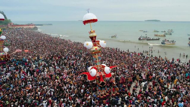 Aerial View Hoyak Tabuik is one of the annual traditions in the Pariaman community. Pariaman, West Sumatra, Indonesia.
