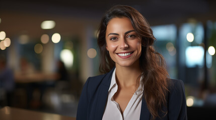 A beautiful professional woman with a smile standing in the office environment 
