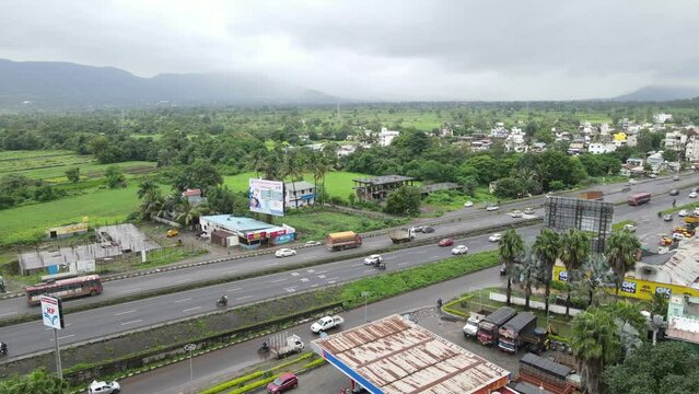 aerial view of Mumbai pune highway. small indian village near highway