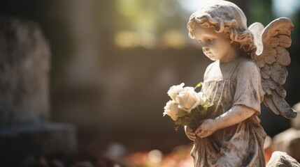 Stone angel with flowers in a cemetery - obrazy, fototapety, plakaty