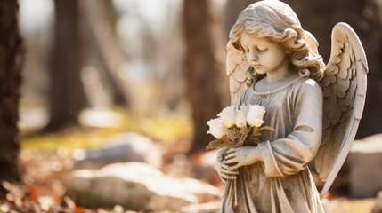 Stone angel with flowers in a cemetery