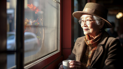 Elderly Asian woman drinking coffee in a cafe by the window