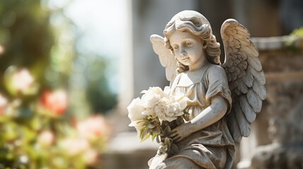 Stone angel with flowers in a cemetery