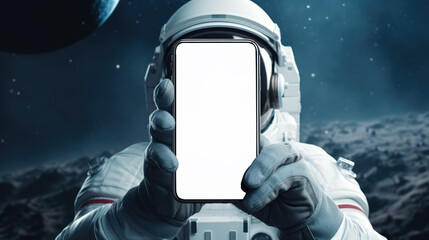 Astronaut holding mobile phone mockup	

