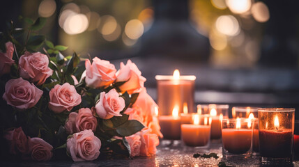Funeral flowers and candles near the memorial	
