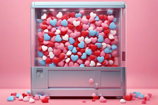 Heart in vending machine filled with red blue and white bubble gum hearts on pink background
