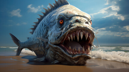 Giant piranha with sharp teeth on the seashore
​ - obrazy, fototapety, plakaty