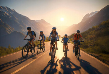 a lot, many sporty person, big Family ride on mountain biking with helmets and sunglasses on road. front view of sports team, group with small children cycling outdoors in summer nature. Generative ai