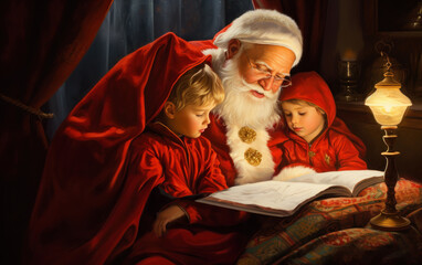 Saint Nicholas came to visit a little boys with a book, fairy-tale atmosphere AI