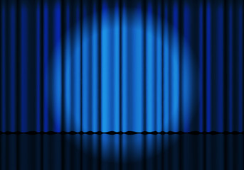 Blue curtain background. Spotlight on stage curtain. Theatrical drapes. Wavy velvet background.