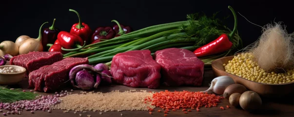 Foto op Canvas Delicious fresh raw beef steak with tomatoes, potatoes, vegetables, rosemary and spices on amazing wooden board background.  © Daniela