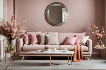 Stylish interior of living room at fancy home with design sofa, ivory side table, dried flowers, pillow and round mirror