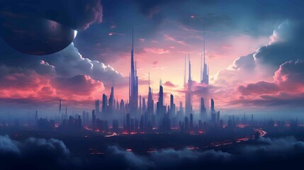 futuristic urban skyline at twilight