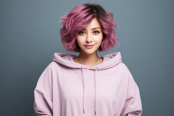 Happy asian woman with long pink color hair, at the studio white grey background. Skincare concept, wellness of face skin.