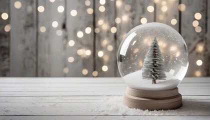 Christmas snow globe with a snow-covered Christmas tree inside, on a white wooden table