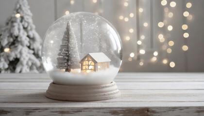 Christmas snow globe with a snow-covered Christmas tree and cottage inside, on a white wooden table