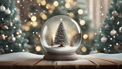 Christmas snow globe with a snow-covered Christmas tree and lights inside, on a brown wooden table