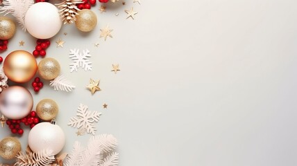 bright flat lay stock Christmas photo with copy space, realistic lighting, photorealistic made by generative ai