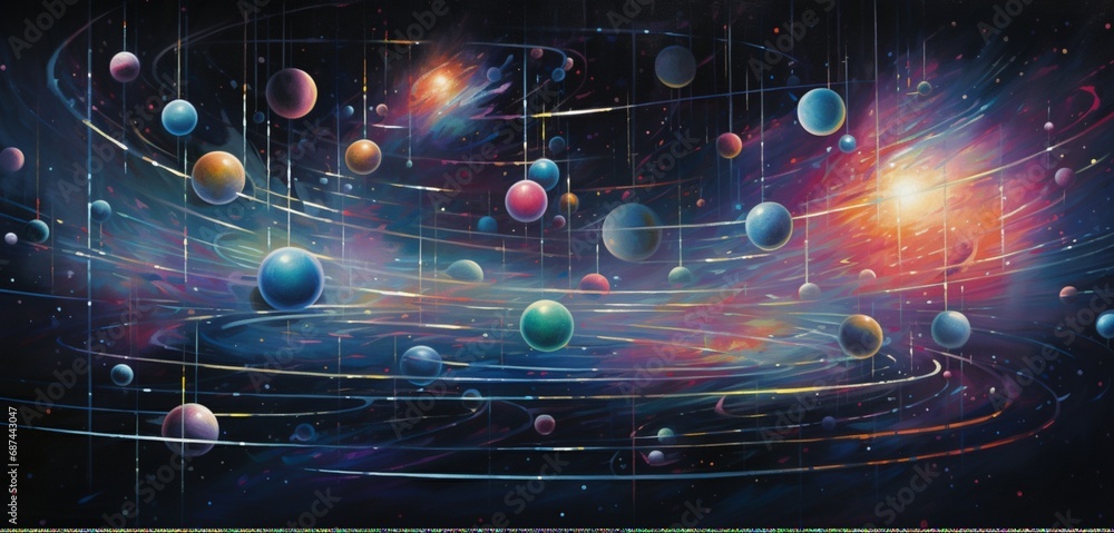 Wall mural celestial spheres of color suspended in a pixelated void, forming a mesmerizing celestial constellat