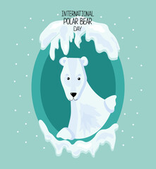 Fototapeta na wymiar Cartoon polar bear in a frame. Arctic animal. International Polar Bear Day, signed card. Snow winter. Hand lettering. Vector illustration with isolated background.