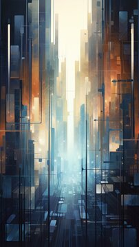 An abstract cityscape of towering structures, where futuristic buildings pierce the sky in a surreal display of architectural beauty.