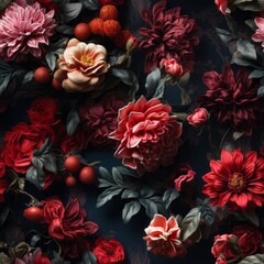 Fototapeta premium Dark Victorian red flowers on the wall seamless pattern