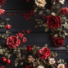 Dark Victorian red flowers on the wall seamless pattern