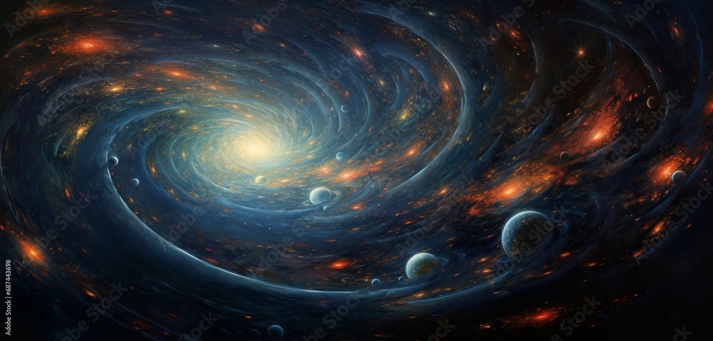 Sticker cubic galaxies swirling in a cosmic ballet, forming a mesmerizing display of celestial abstraction a