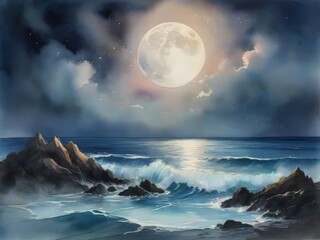 Una versión única de un paisaje marino iluminado por la luna, con acuarelas vibrantes que crean una atmósfera surrealista
